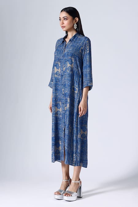 Buy_Klad_Blue Crepe Printed Moroccan Collar Shirt Dress_Online_at_Aza_Fashions
