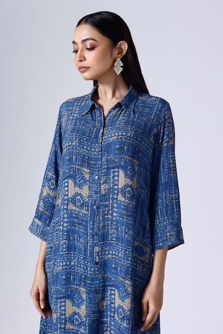 Shop_Klad_Blue Crepe Printed Moroccan Collar Shirt Dress_Online_at_Aza_Fashions