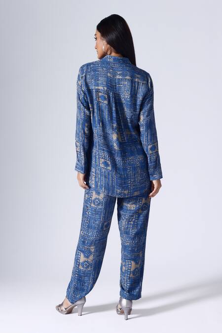 Shop Klad Blue Crepe Printed Moroccan Collar Shirt at Aza Fashions Shop_Klad_Blue Crepe Printed Moroccan Collar Shirt_at_Aza_Fashions