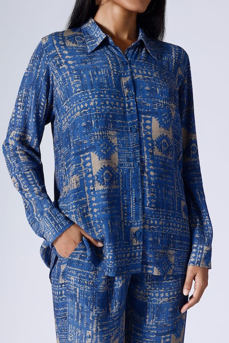 Klad Blue Crepe Printed Moroccan Collar Shirt Online at Aza Fashions Klad_Blue Crepe Printed Moroccan Collar Shirt_Online_at_Aza_Fashions
