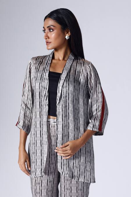 Buy_Klad_Black Satin Shibori Shawl Collar Pattern Jacket Pant Set_Online_at_Aza_Fashions