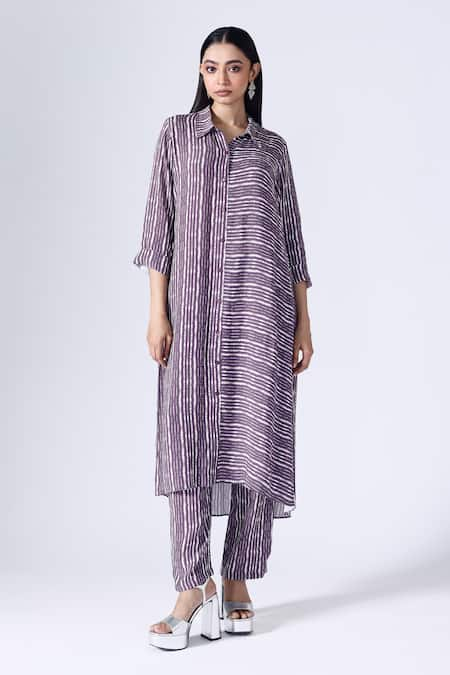 KLAD Purple Crepe Shibori Collar Stripe Pattern Kurta And Pant Set 