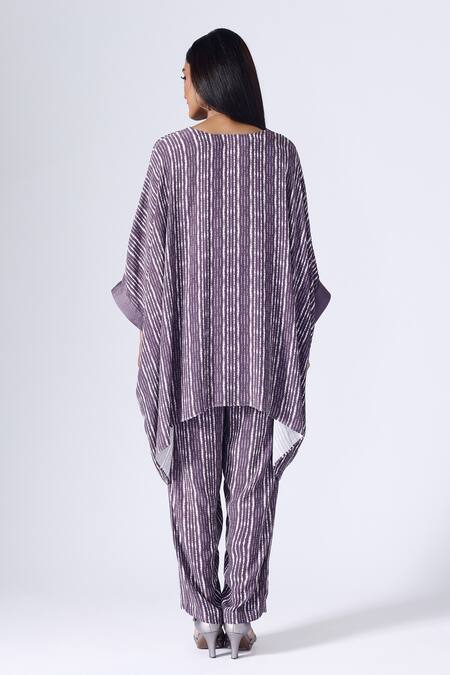 Shop Klad Purple Crepe Shibori V Neck Pattern Kaftan And Pant Set at Aza Fashions Shop_Klad_Purple Crepe Shibori V Neck Pattern Kaftan And Pant Set_at_Aza_Fashions