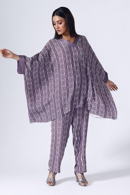 Klad Purple Crepe Shibori V Neck Pattern Kaftan And Pant Set Online at Aza Fashions Klad_Purple Crepe Shibori V Neck Pattern Kaftan And Pant Set_Online_at_Aza_Fashions