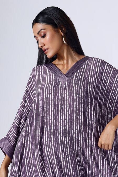 Buy Klad Purple Crepe Shibori V Neck Pattern Kaftan And Pant Set Online at Aza Fashions Buy_Klad_Purple Crepe Shibori V Neck Pattern Kaftan And Pant Set_Online_at_Aza_Fashions