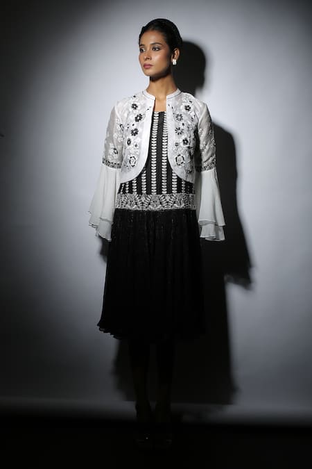 Manasi Sengupta_Black Organza, Chanderi, Chiffon Sequins, Embroidery Thread Dress With Jacket _Online_at_Aza_Fashions