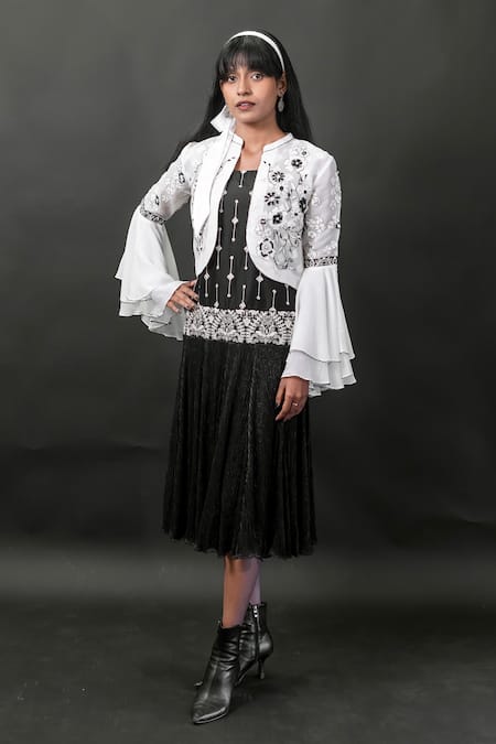 Manasi Sengupta Black Organza Embroidered Thread Round Dress With Jacket 