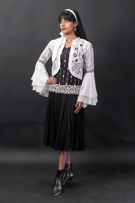 Shop_Manasi Sengupta_Black Organza, Chanderi, Chiffon Sequins, Embroidery Thread Dress With Jacket _Online_at_Aza_Fashions