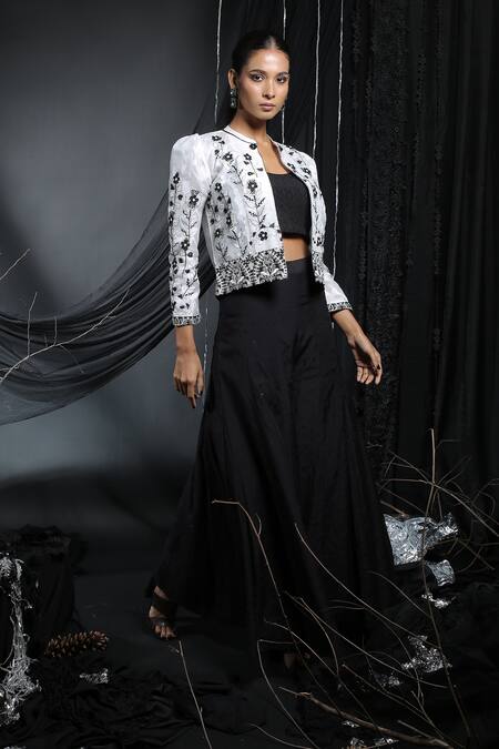 Manasi Sengupta_Black Organza, Modal, Chanderi Silk, Satin Sequins, Jacket With Pant Set _Online_at_Aza_Fashions