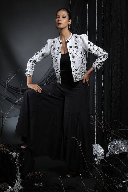 Buy_Manasi Sengupta_Black Organza, Modal, Chanderi Silk, Satin Sequins, Jacket With Pant Set _Online_at_Aza_Fashions