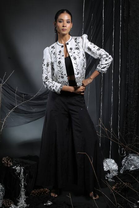 Shop_Manasi Sengupta_Black Organza, Modal, Chanderi Silk, Satin Sequins, Jacket With Pant Set _Online_at_Aza_Fashions