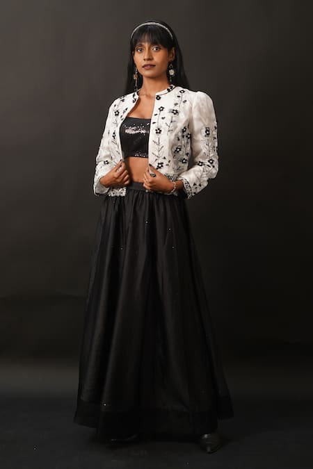 Manasi Sengupta Black Organza Embroidered Thread Round Sequin Jacket With Pant Set 