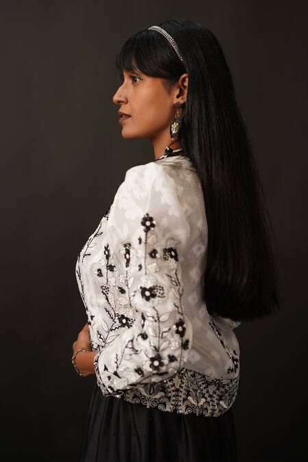 Shop_Manasi Sengupta_Black Organza, Modal, Chanderi Silk, Satin Sequins, Jacket With Pant Set 