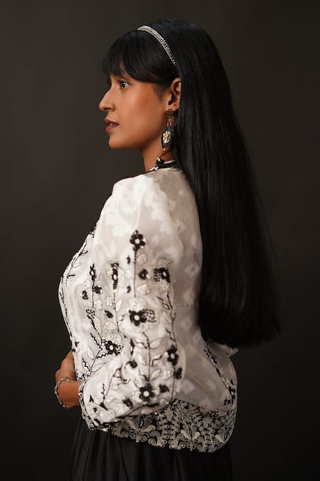 Manasi Sengupta_Black Organza, Chanderi, Modal, Satin Beads, Jacket With Draped Pant Set _Online_at_Aza_Fashions