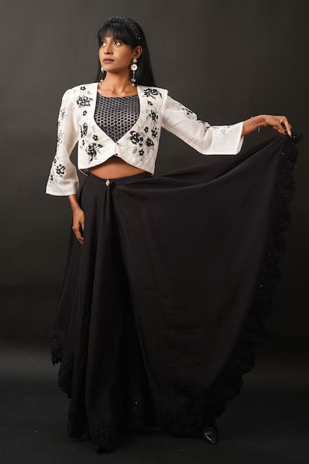 Buy_Manasi Sengupta_Black Organza, Chanderi, Modal, Satin Beads, Jacket With Draped Pant Set _Online_at_Aza_Fashions
