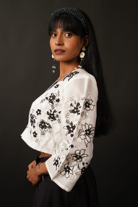 Shop_Manasi Sengupta_Black Organza, Chanderi, Modal, Satin Beads, Jacket With Draped Pant Set _Online_at_Aza_Fashions