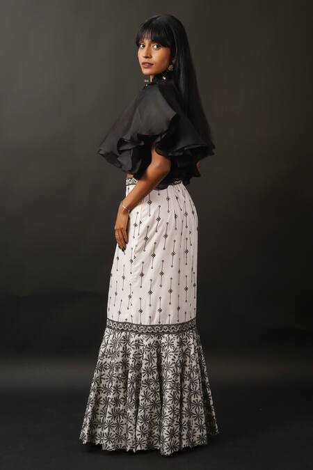 Manasi Sengupta_Black Organza, Net, Modal, Chanderi Sequins, Beads, Floral Crop Top With Skirt _Online_at_Aza_Fashions