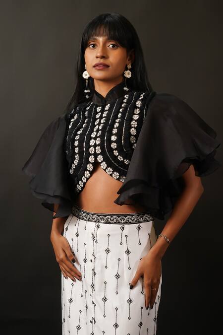 Buy_Manasi Sengupta_Black Organza, Net, Modal, Chanderi Sequins, Beads, Floral Crop Top With Skirt _Online_at_Aza_Fashions