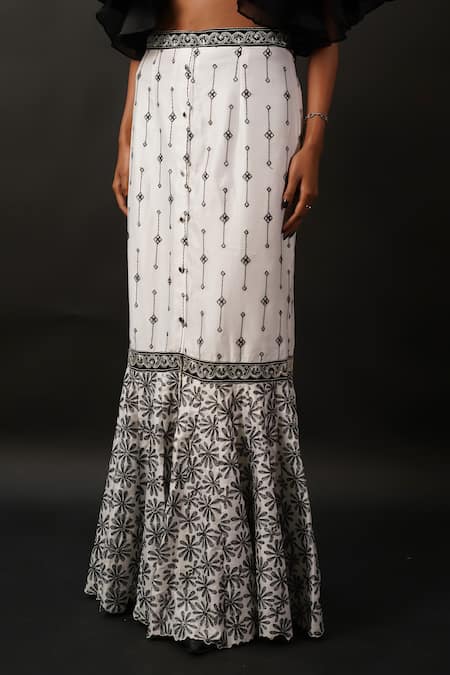 Shop_Manasi Sengupta_Black Organza, Net, Modal, Chanderi Sequins, Beads, Floral Crop Top With Skirt _Online_at_Aza_Fashions