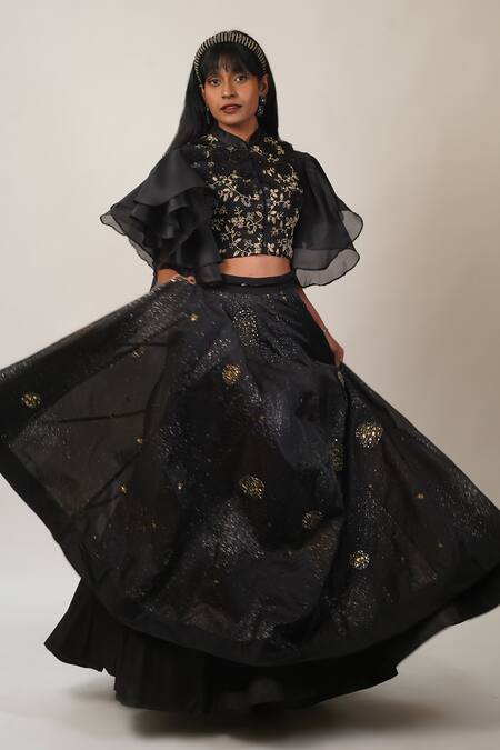 Manasi Sengupta_Black Organza, Bamboo Sequins, Beads, Embroidery Mandarin Shirt With Skirt _Online_at_Aza_Fashions