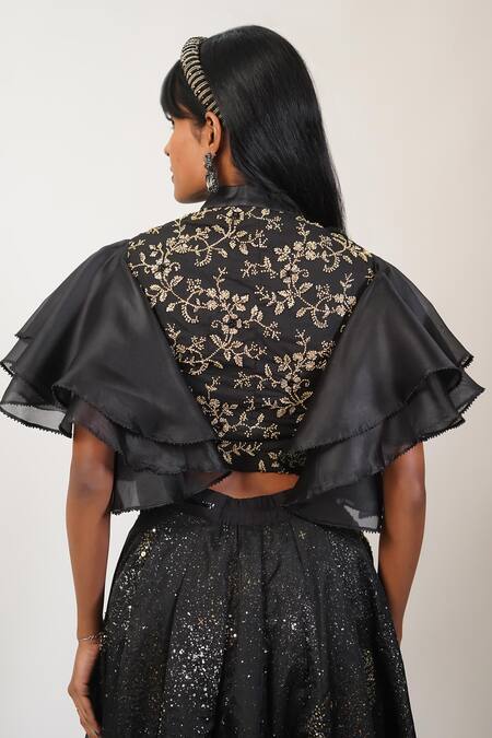 Shop_Manasi Sengupta_Black Organza, Bamboo Sequins, Beads, Embroidery Mandarin Shirt With Skirt _Online_at_Aza_Fashions