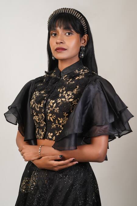 Manasi Sengupta_Black Organza, Bamboo Sequins, Beads, Embroidery Mandarin Shirt With Skirt _at_Aza_Fashions