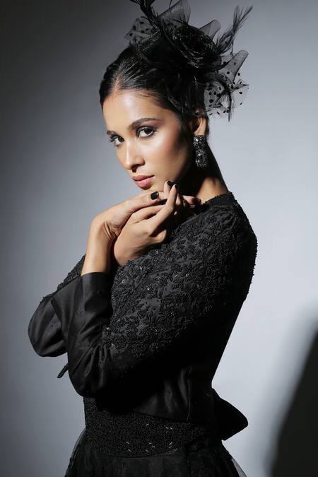 Manasi Sengupta_Black , Net, Chanderi Sequins, Beads Embroidered Jacket With Skirt Set _Online_at_Aza_Fashions