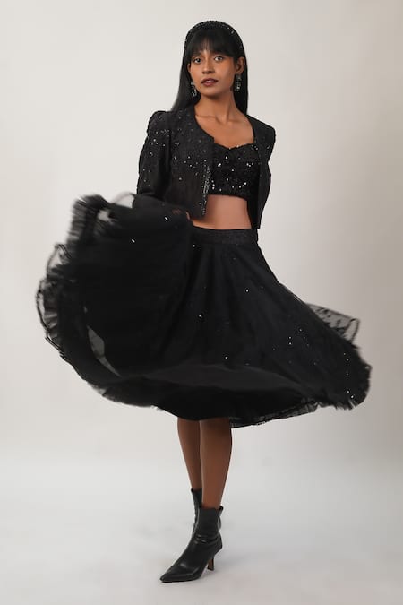 Buy_Manasi Sengupta_Black , Net, Chanderi Sequins, Beads Embroidered Jacket With Skirt Set _Online_at_Aza_Fashions