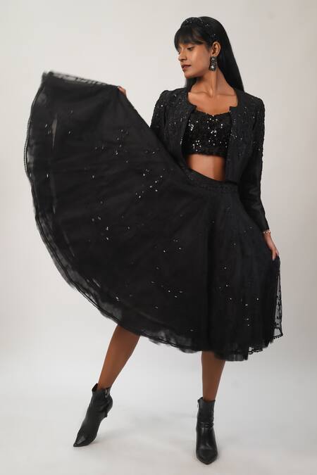 Shop_Manasi Sengupta_Black , Net, Chanderi Sequins, Beads Embroidered Jacket With Skirt Set _Online_at_Aza_Fashions