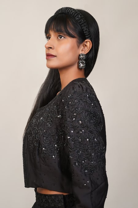 Manasi Sengupta_Black , Net, Chanderi Sequins, Beads Embroidered Jacket With Skirt Set _at_Aza_Fashions