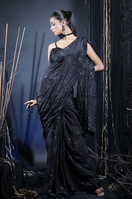 Manasi Sengupta_Black Silk, Chiffon Beads, Sequins, Cut Work Embroidered Saree With Bustier _Online_at_Aza_Fashions