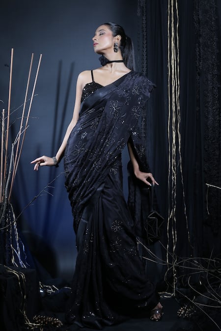 Buy_Manasi Sengupta_Black Silk, Chiffon Beads, Sequins, Cut Work Embroidered Saree With Bustier _Online_at_Aza_Fashions