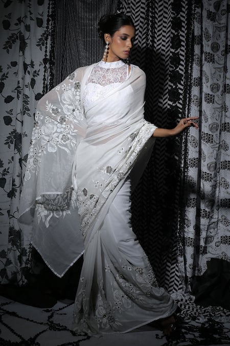Manasi Sengupta_White Chiffon, Lace Sequins, Beads, 3d Floral Embroidered Saree With Blouse _Online_at_Aza_Fashions