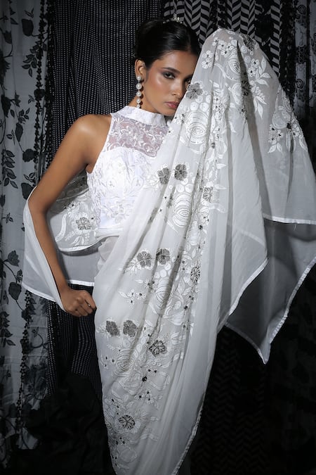 Shop_Manasi Sengupta_White Chiffon, Lace Sequins, Beads, 3d Floral Embroidered Saree With Blouse _Online_at_Aza_Fashions