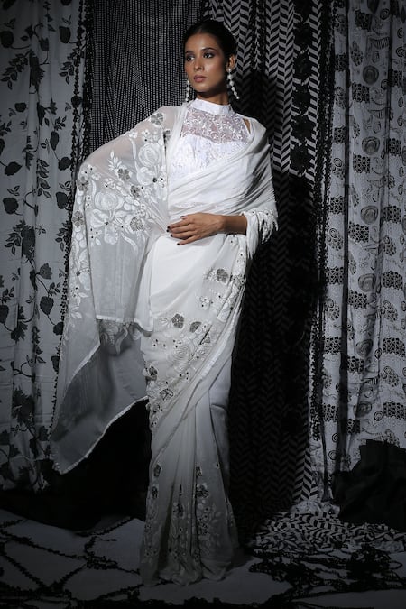 Manasi Sengupta White Chinon Chiffon Embroidered Sequin Halter 3d Floral Saree With Blouse 