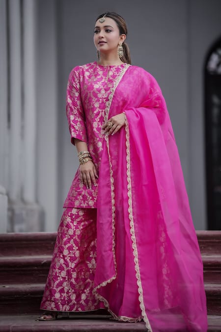 VISHWA BY PINKI SINHA Pink Pure Banarsi Handwoven Silk. Round Kurta Sharara Set 