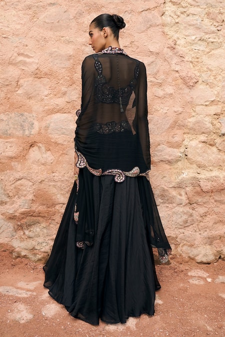 Shop Ridhima Bhasin Black Organza Embroidery Round Neck Paisley Waist Lehenga Set With Cape at Aza Fashions Shop_Ridhima Bhasin_Black Organza Embroidery Round Neck Paisley Waist Lehenga Set With Cape _at_Aza_Fashions