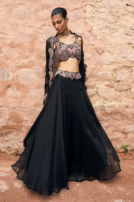 Ridhima Bhasin Black Organza Embroidery Round Neck Paisley Waist Lehenga Set With Cape Online at Aza Fashions Ridhima Bhasin_Black Organza Embroidery Round Neck Paisley Waist Lehenga Set With Cape _Online_at_Aza_Fashions
