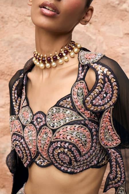 Buy Ridhima Bhasin Black Organza Embroidery Round Neck Paisley Waist Lehenga Set With Cape Online at Aza Fashions Buy_Ridhima Bhasin_Black Organza Embroidery Round Neck Paisley Waist Lehenga Set With Cape _Online_at_Aza_Fashions