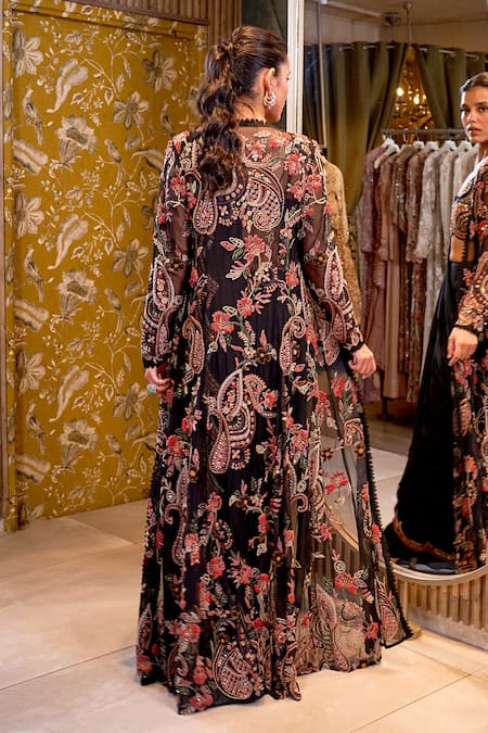 Shop Ridhima Bhasin Black Organza, Chiffon Embroidery Nayyara Scallop Hem Saree Set With Jacket at Aza Fashions Shop_Ridhima Bhasin_Black Organza, Chiffon Embroidery Nayyara Scallop Hem Saree Set With Jacket _at_Aza_Fashions