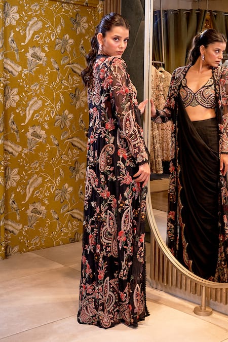 Ridhima Bhasin Black Organza, Chiffon Embroidery Nayyara Scallop Hem Saree Set With Jacket Online at Aza Fashions Ridhima Bhasin_Black Organza, Chiffon Embroidery Nayyara Scallop Hem Saree Set With Jacket _Online_at_Aza_Fashions