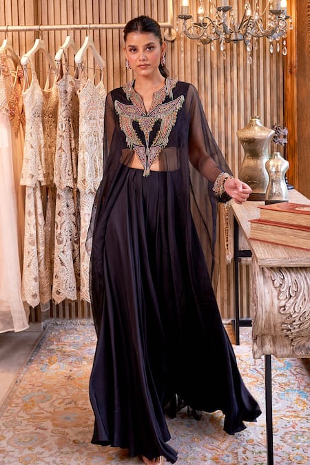 Ridhima Bhasin Black Organza Embellished Bead Notched Mahveen Neck Kurta With Palazzo 