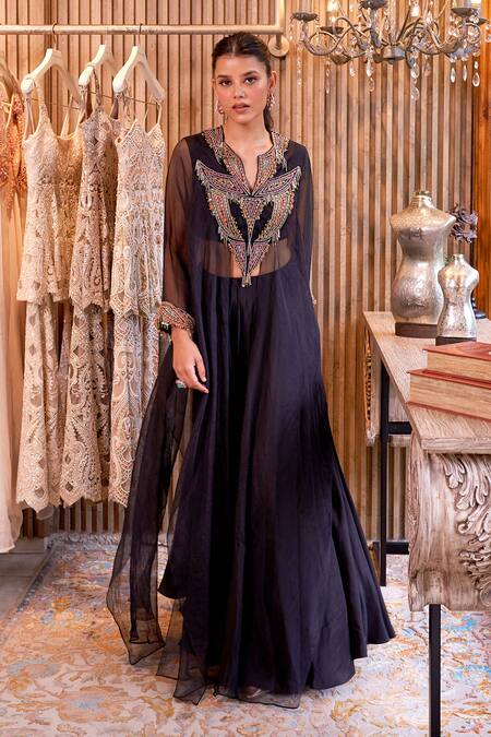 Ridhima Bhasin Black Silk, Organza Beads, Tassels Mahveen Embellished Neck Kurta With Palazzo Online at Aza Fashions Ridhima Bhasin_Black Silk, Organza Beads, Tassels Mahveen Embellished Neck Kurta With Palazzo _Online_at_Aza_Fashions