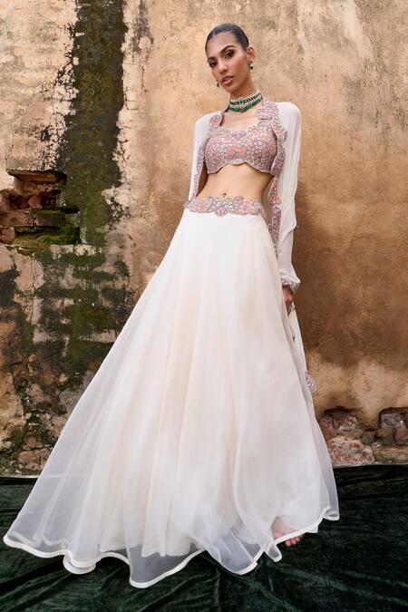 Ridhima Bhasin Ivory Organza Embroidery Round Neck Paisley Waist Lehenga Blouse Set Online at Aza Fashions Ridhima Bhasin_Ivory Organza Embroidery Round Neck Paisley Waist Lehenga Blouse Set _Online_at_Aza_Fashions