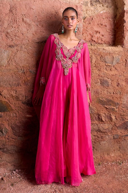 Shop Ridhima Bhasin Pink Silk, Organza Embroidery Scoop Neck Floral Kurta With Palazzo at Aza Fashions Shop_Ridhima Bhasin_Pink Silk, Organza Embroidery Scoop Neck Floral Kurta With Palazzo _at_Aza_Fashions
