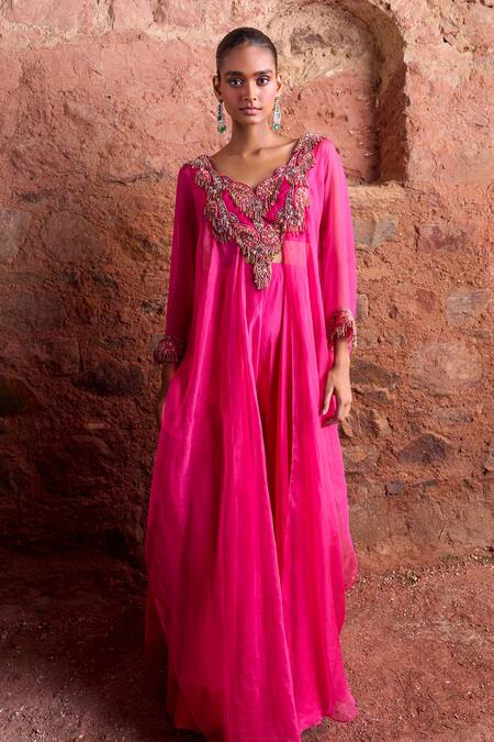 Ridhima Bhasin Pink Silk, Organza Embroidery Scoop Neck Floral Kurta With Palazzo Online at Aza Fashions Ridhima Bhasin_Pink Silk, Organza Embroidery Scoop Neck Floral Kurta With Palazzo _Online_at_Aza_Fashions