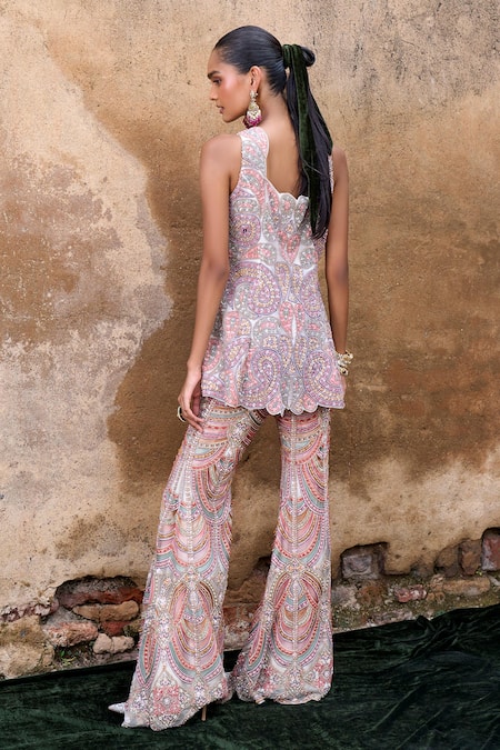 Shop Ridhima Bhasin Pink Organza, Net Beads, Cut Work Embroidered Front Slit Tunic With Flared Pant at Aza Fashions Shop_Ridhima Bhasin_Pink Organza, Net Beads, Cut Work Embroidered Front Slit Tunic With Flared Pant _at_Aza_Fashions