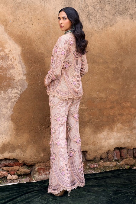 Shop Ridhima Bhasin Pink Net Sequins, Beads V-neck Amour 3d Floral Embroidered Tunic With Pant at Aza Fashions Shop_Ridhima Bhasin_Pink Net Sequins, Beads V-neck Amour 3d Floral Embroidered Tunic With Pant _at_Aza_Fashions