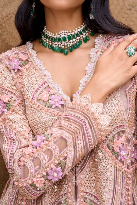 Ridhima Bhasin Pink Net Sequins, Beads V-neck Amour 3d Floral Embroidered Tunic With Pant Online at Aza Fashions Ridhima Bhasin_Pink Net Sequins, Beads V-neck Amour 3d Floral Embroidered Tunic With Pant _Online_at_Aza_Fashions