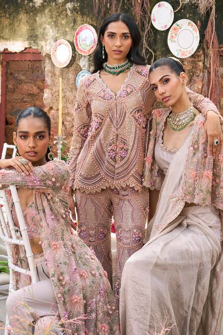 Buy Ridhima Bhasin Pink Net Sequins, Beads V-neck Amour 3d Floral Embroidered Tunic With Pant Online at Aza Fashions Buy_Ridhima Bhasin_Pink Net Sequins, Beads V-neck Amour 3d Floral Embroidered Tunic With Pant _Online_at_Aza_Fashions